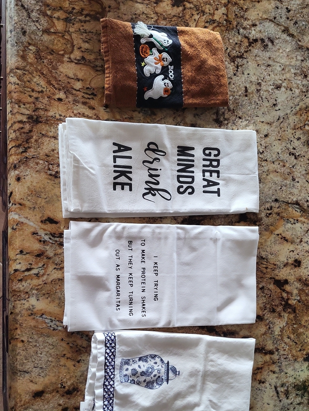 Kids Halloween Ghost Brown Hand Towel & White Printed Kitchen Towels - Set